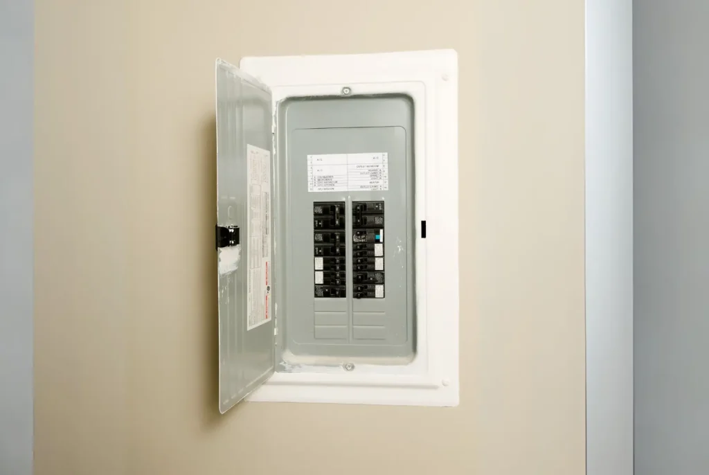 A residential electrical panel with an open door