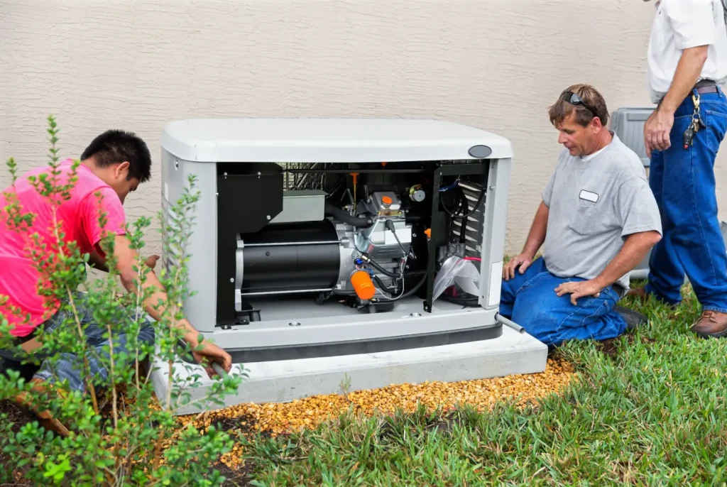 Two technicians installing an outdoor generator at a Yakima home.