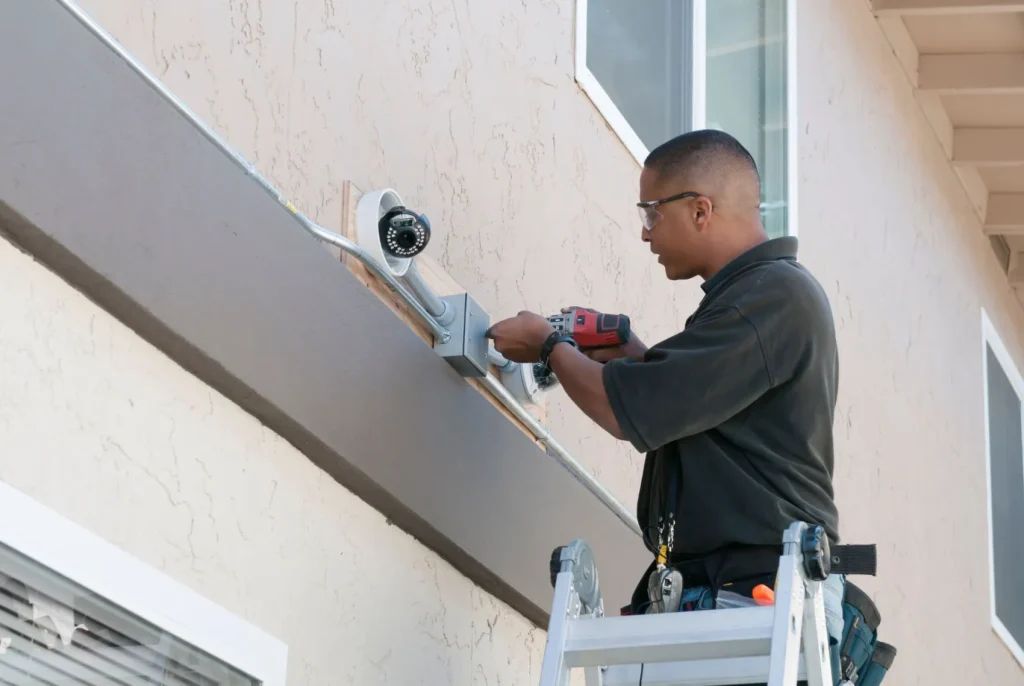 A technician on a ladder sets up a low-voltage security camera.