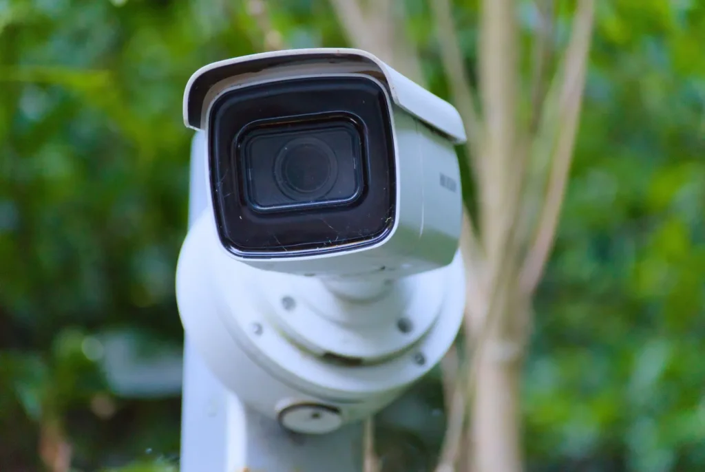 A close-up of an outdoor security camera