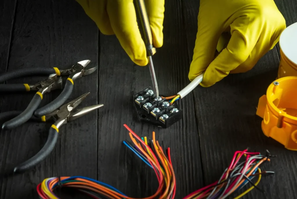 electrical work with a screwdriver connecting wire.