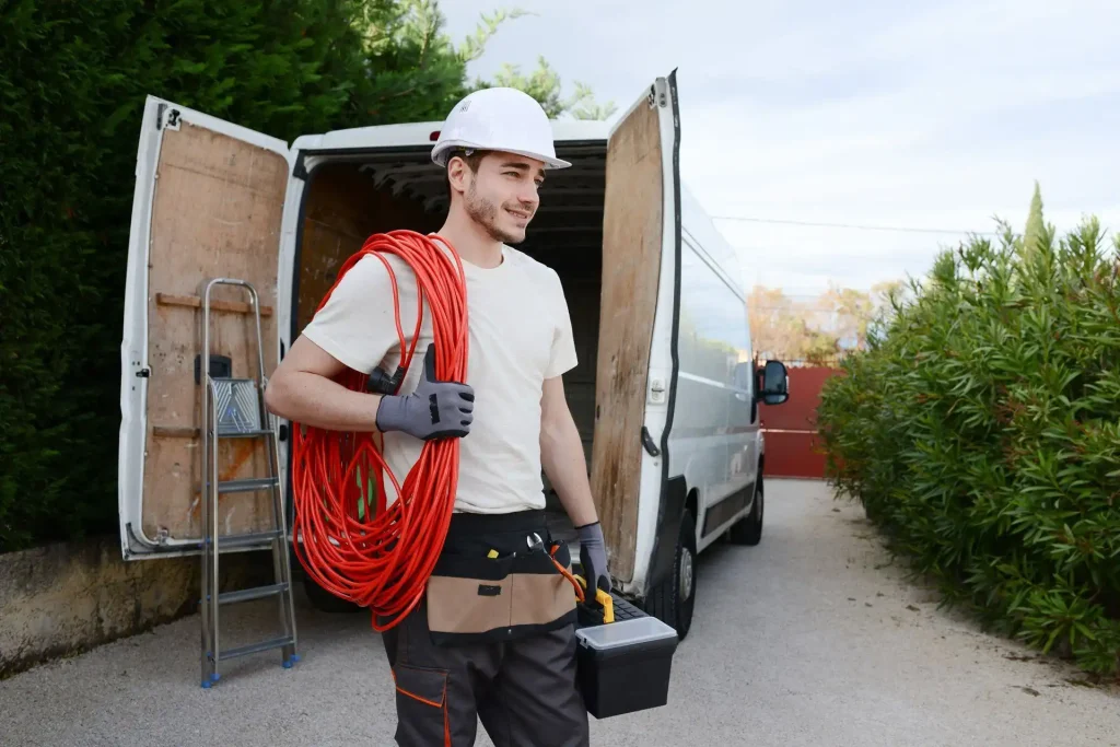 A technician brings tools to an electrical repair job.