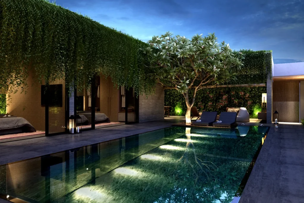 A luxury patio pool with underwater lighting.