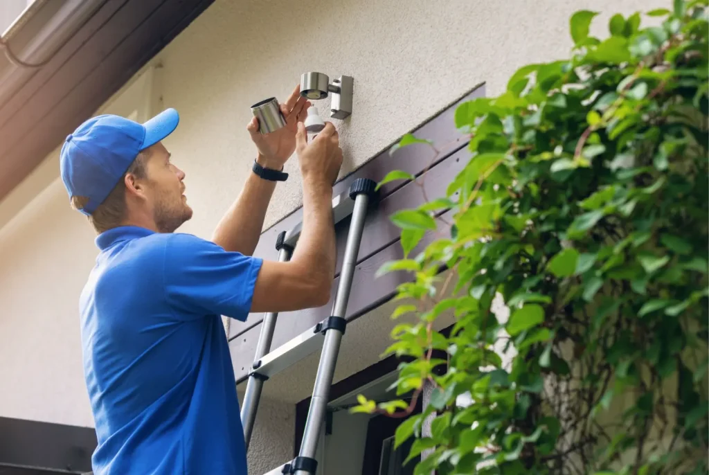 A technician installs and outdoor light.