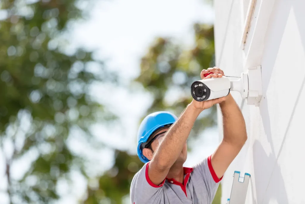 A technician installing a security camera